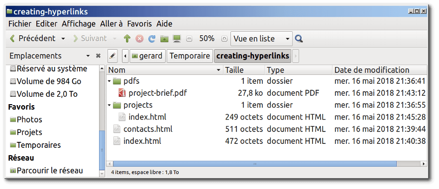 Une simple structure de répertoire. Le répertoire parent s'appelle creating-hyperlinks et contient deux fichiers appelés index.html et contacts.html, et deux répertoires appelés projects et pdfs, qui contiennent respectivement un fichier index.html et un fichier project-brief.pdf.